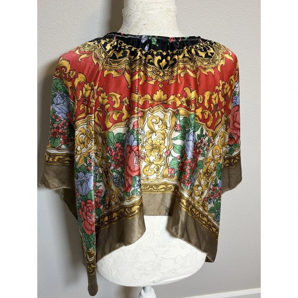 Handmade Poncho Cape~OS~Made from a Vintage Silk Scarf Floral Scroll Boho Resort